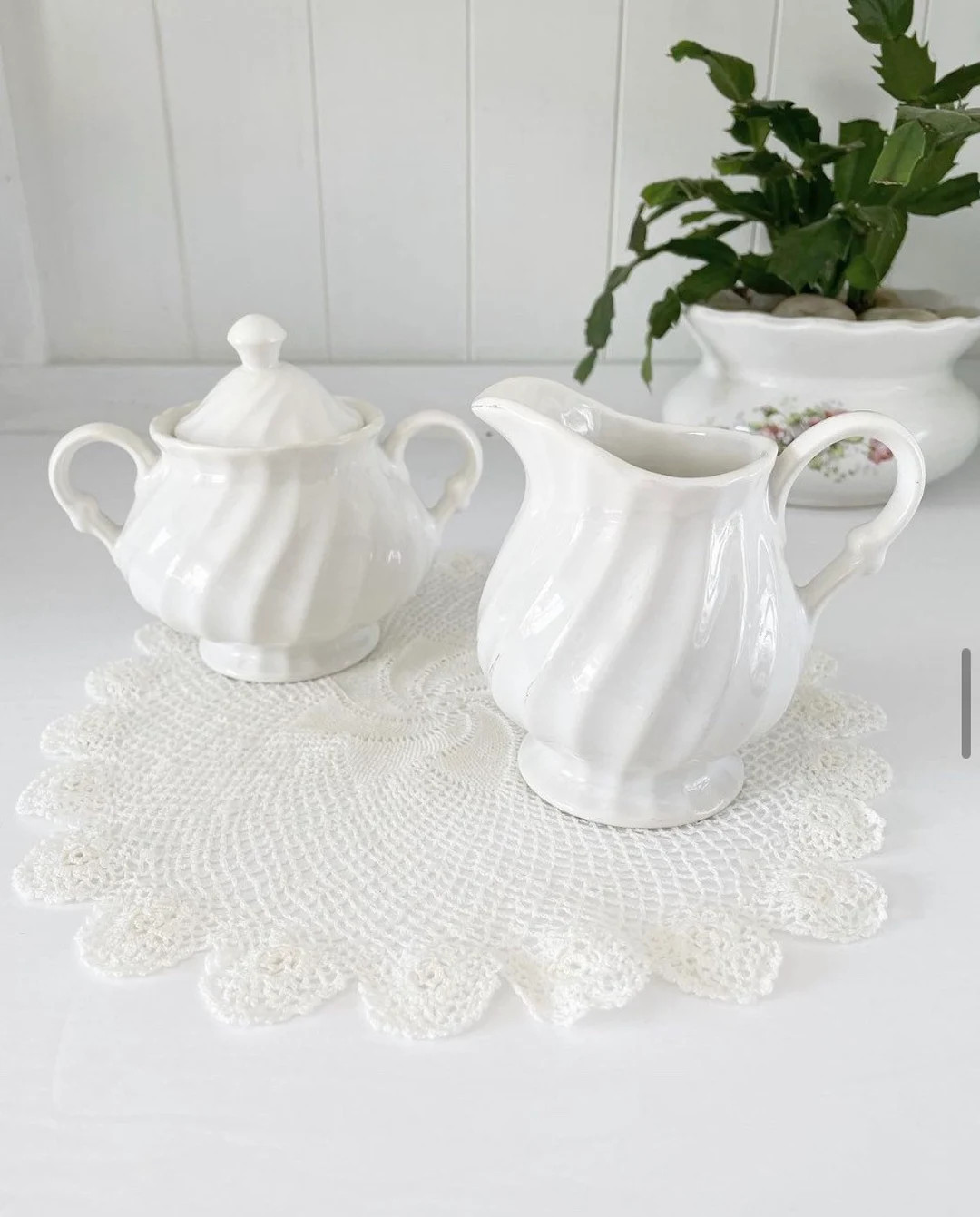 CREAM & SUGAR Vintage Pair Set Swirl Ironstone Heritage Shabby Cottage Farmhouse English Regency ... | Etsy (US)