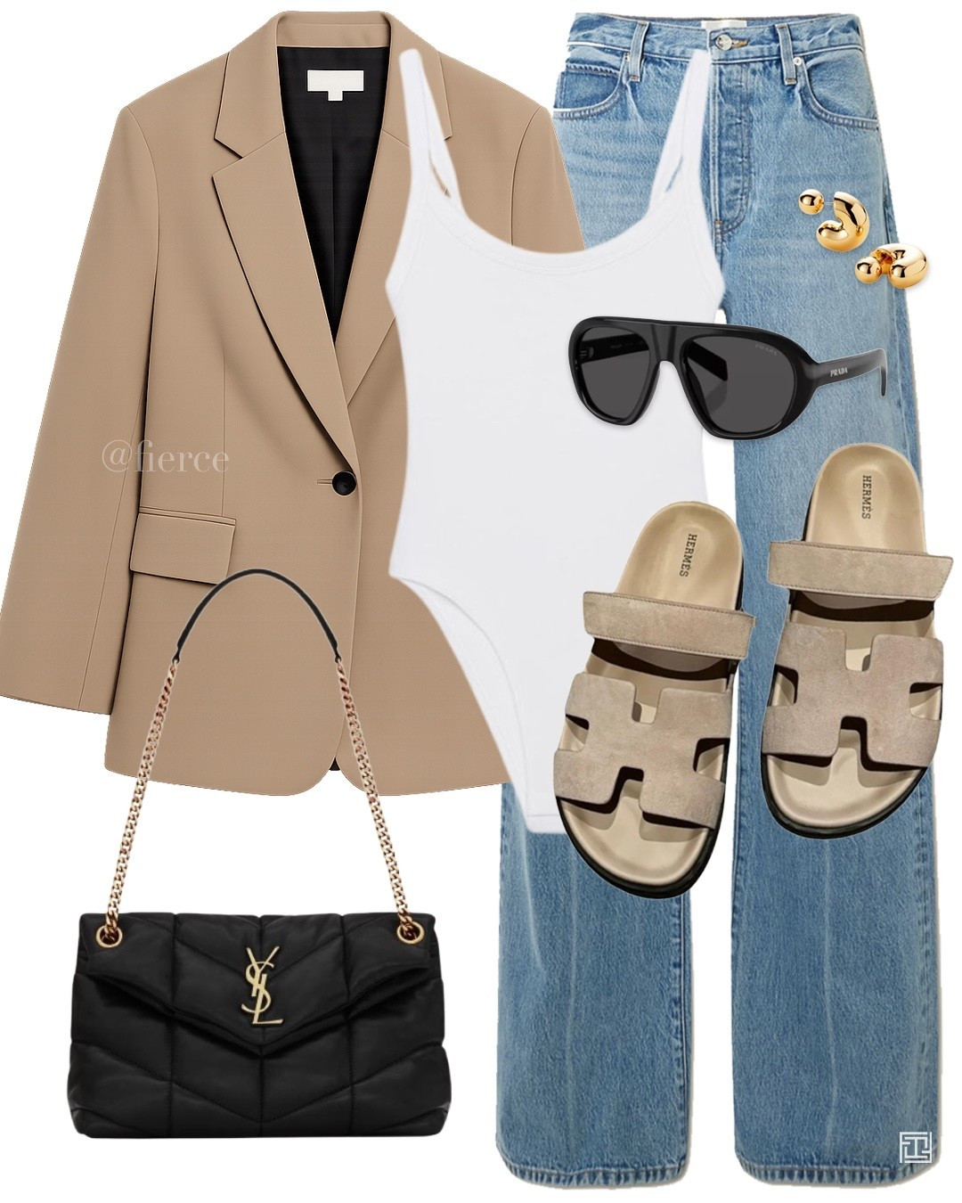 Beige blazer white bodysuit blue jeans Hermes taupe beige sandals white Tshirt black YSL bag casual chic look 

#LTKeurope #LTKspring #LTKuk