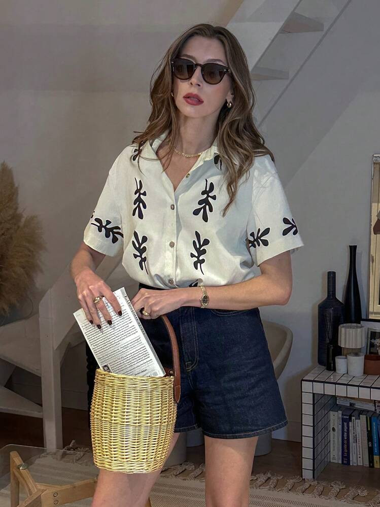 Pariaura Camisa Corta De Manga Corta De Mujer Con Cuello Y Estampado Floral Vintage En Color Albaricoque | SHEIN