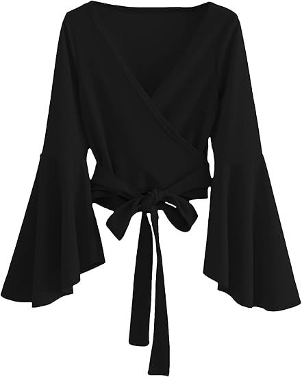 SweatyRocks Women's Long Sleeve V Neck Tie Knot Bandage Wrap Blouse Crop Top | Amazon (US)
