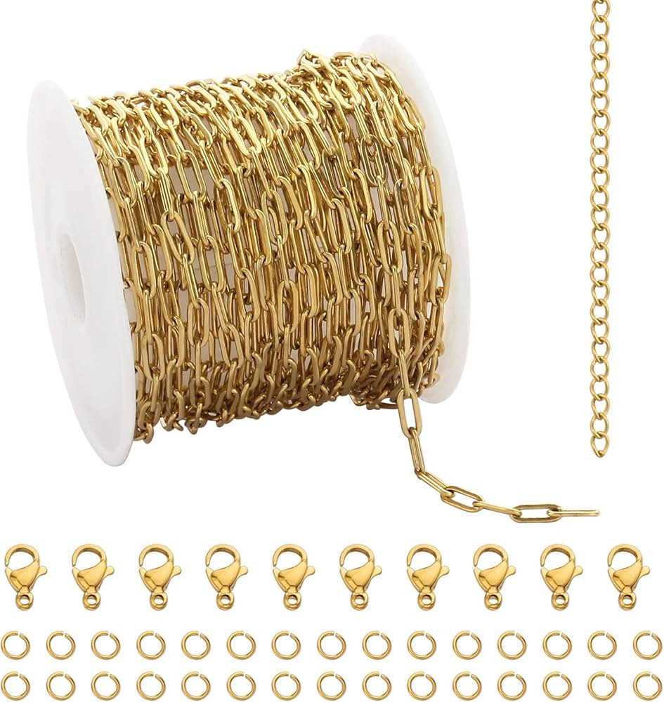 16.4 Feet Gold Stainless Steel Chains Bulk Cable Paperclip Necklace Chains Link Roll with Jump Ri... | Amazon (US)