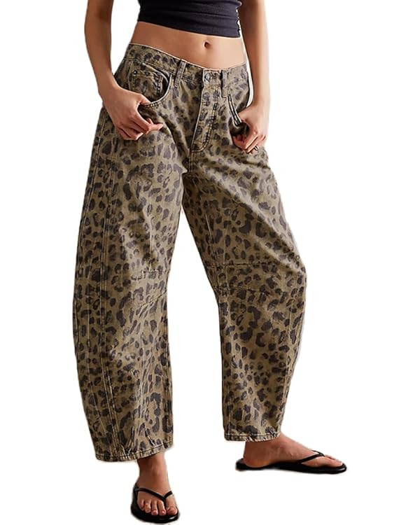 Leopard Barrel Jeans Women Cheetah Print Baggy Boyfriend Jeans Pants Vintage Mid Rise Wide Leg De... | Amazon (US)
