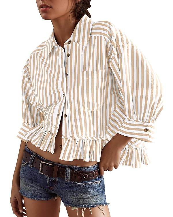Womens 3/4 Length Sleeve Striped Button Down Shirt Loose Fit Drop Shoulder Trendy Ruffle Hem Stri... | Amazon (US)