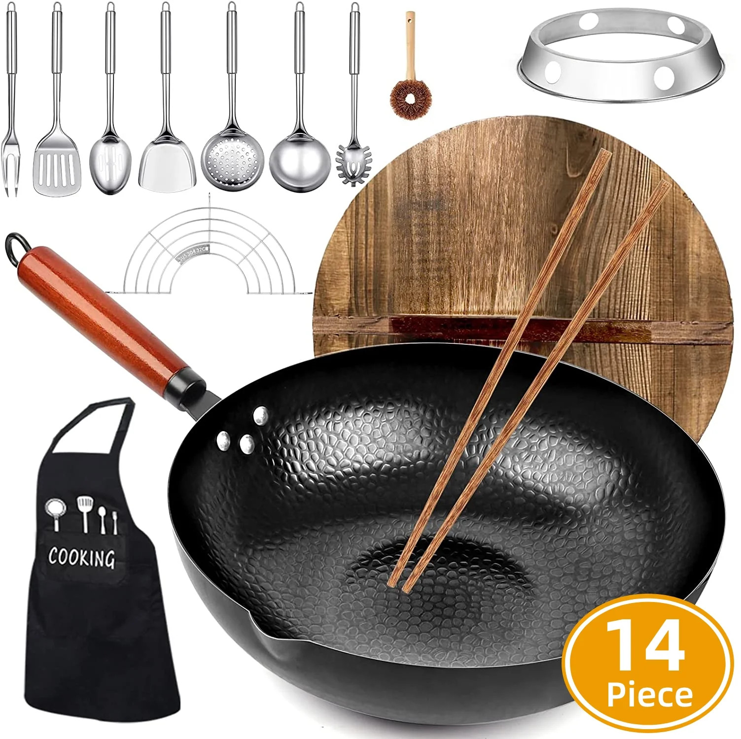AOKIWO Carbon Steel Wok Pan, 14 Piece Woks & Stir-Fry Pans Set with Wooden Lid & Cookwares, Non-S... | Walmart (US)