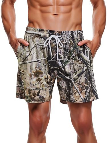 Ogfao Men's Camo Workout Shorts Unisex Camouflage Cargo Short Drawstring Elastic Waist Shorts with Pocket | Amazon (US)