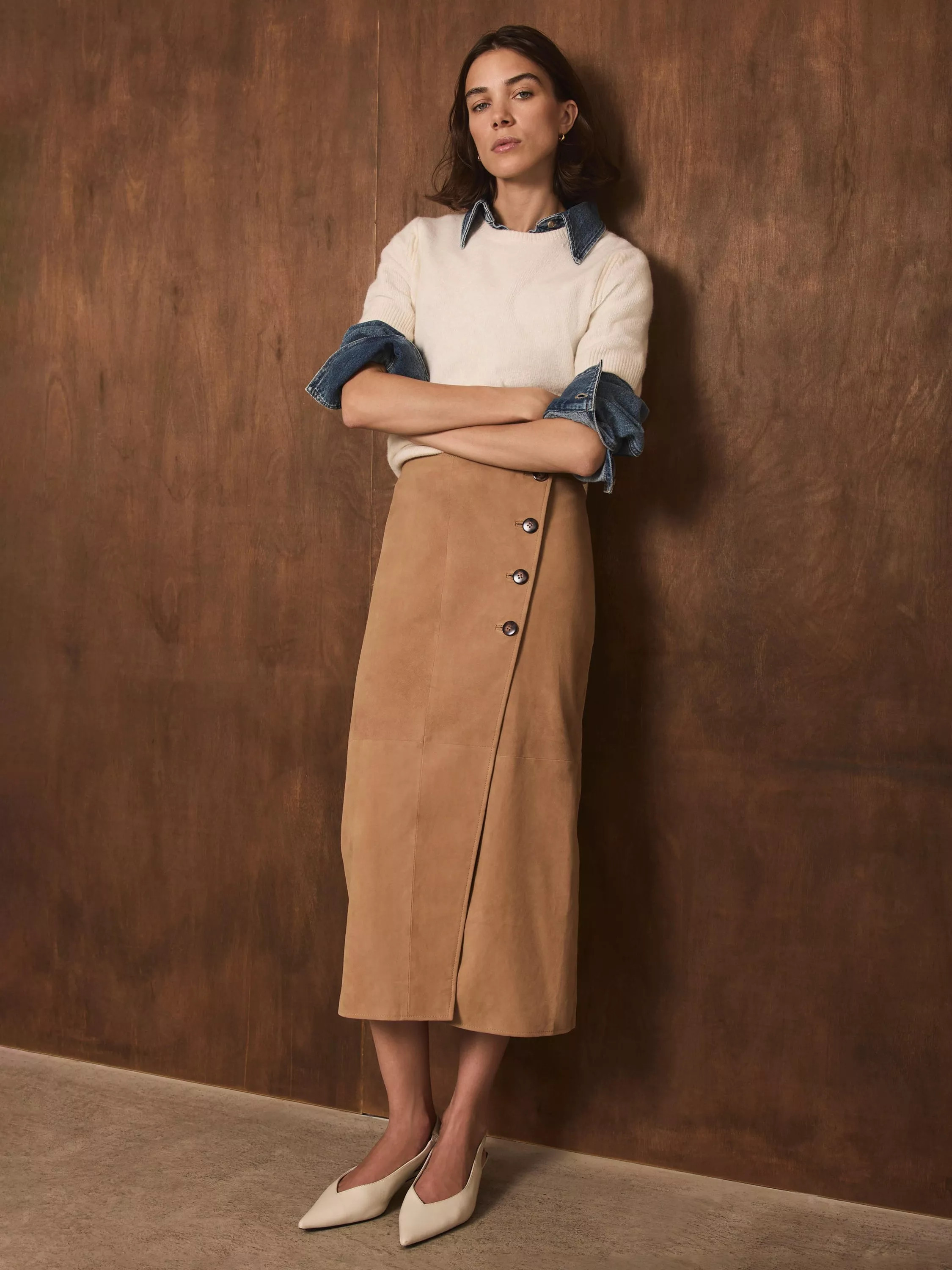 Mint Velvet Suede Wrap Midi Skirt, Tan | John Lewis (UK)