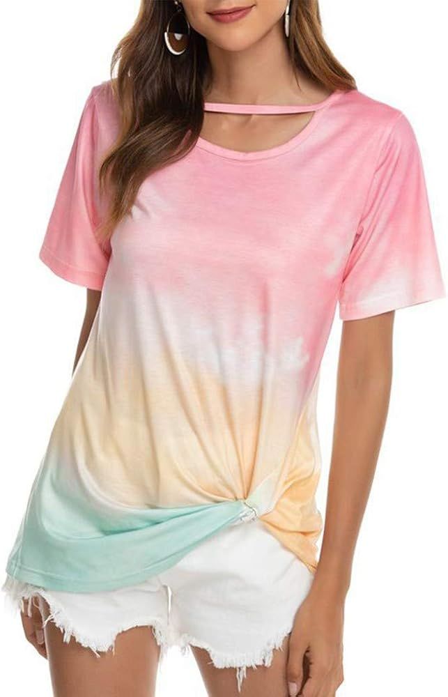 T Shirts for Women, Womens Summer Tie Dyed Hollow Out Neck Shirts Twist Knot Tees Casual Tunic To... | Amazon (US)