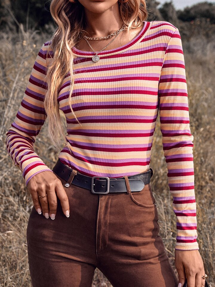 SHEIN LUNE Block Striped Print Tee | SHEIN