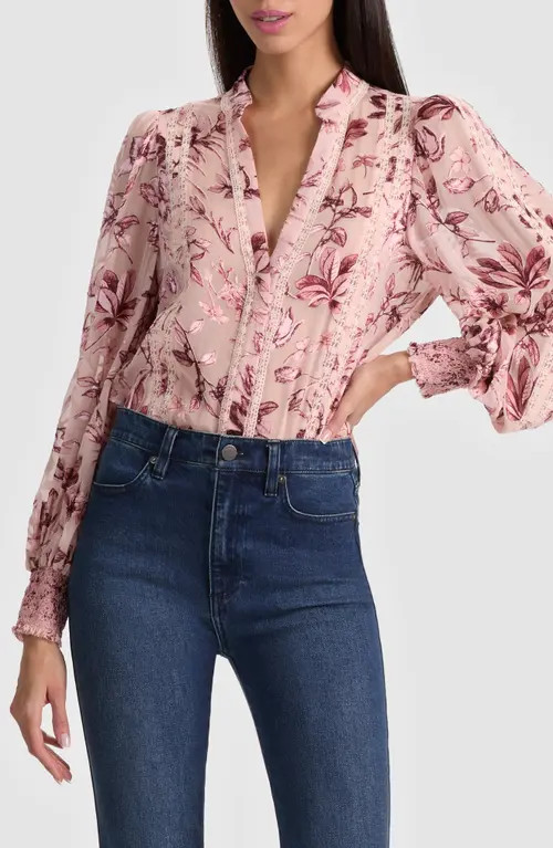Alice + Olivia Arlette Lace Trim Floral Satin Burnout Shirt in Mystic Garden English Rose at Nordstrom, Size Large | Nordstrom