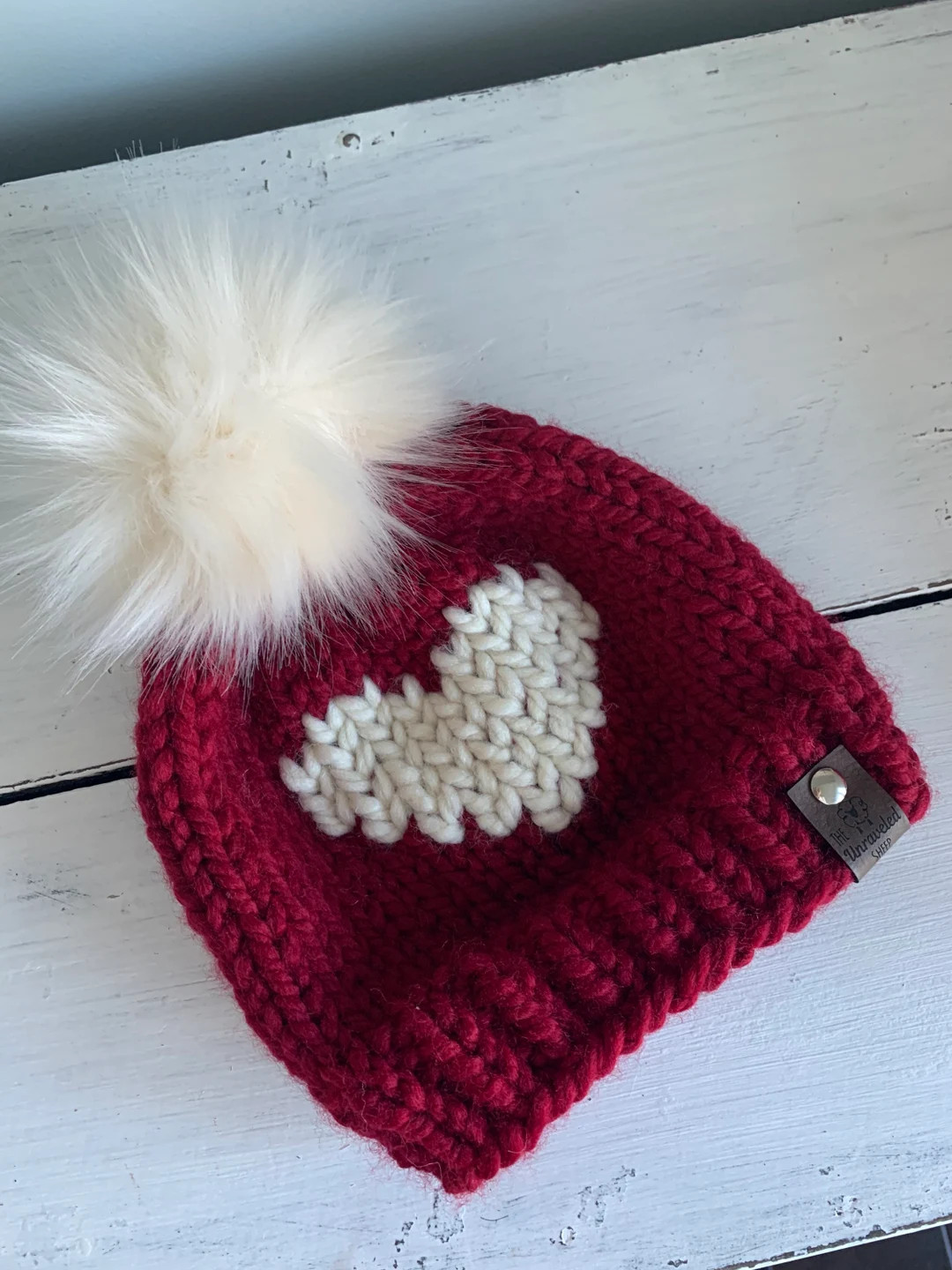 Valentine's Day Knitted Hat - Wool Blend With White Heart & Faux Fur Pom/winter Beanie - Etsy | Etsy (US)