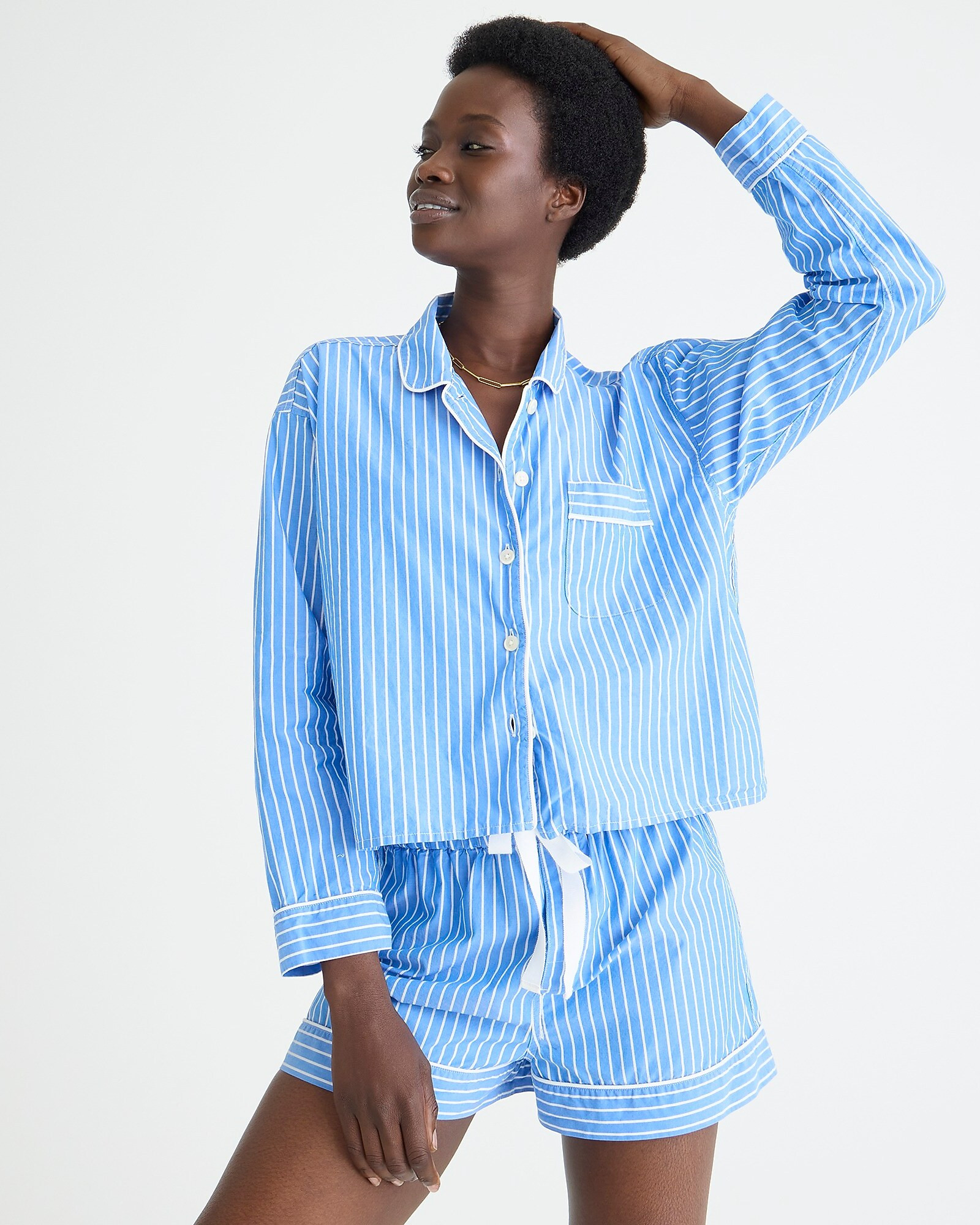 Long-sleeve cotton poplin pajama short set in stripe | J. Crew US