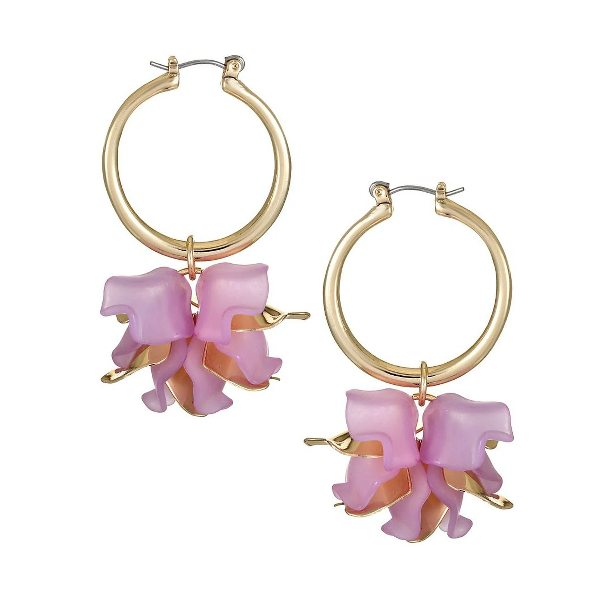 Time and Tru Women's Gold Tone Snap Lever Hoop Earring with Acrylic Flower, Purple - Walmart.com | Walmart (US)