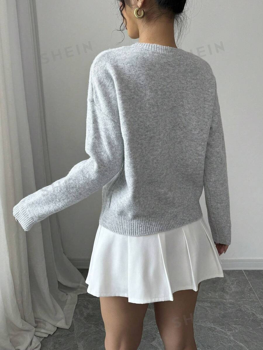 SHEIN Elenzya Women's Crew Neck Floral Pattern Solid Color Pullover Sweater | SHEIN