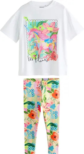 NEXT Kids' Unicorn Cotton Graphic T-Shirt & Floral Leggings Set | Nordstrom | Nordstrom