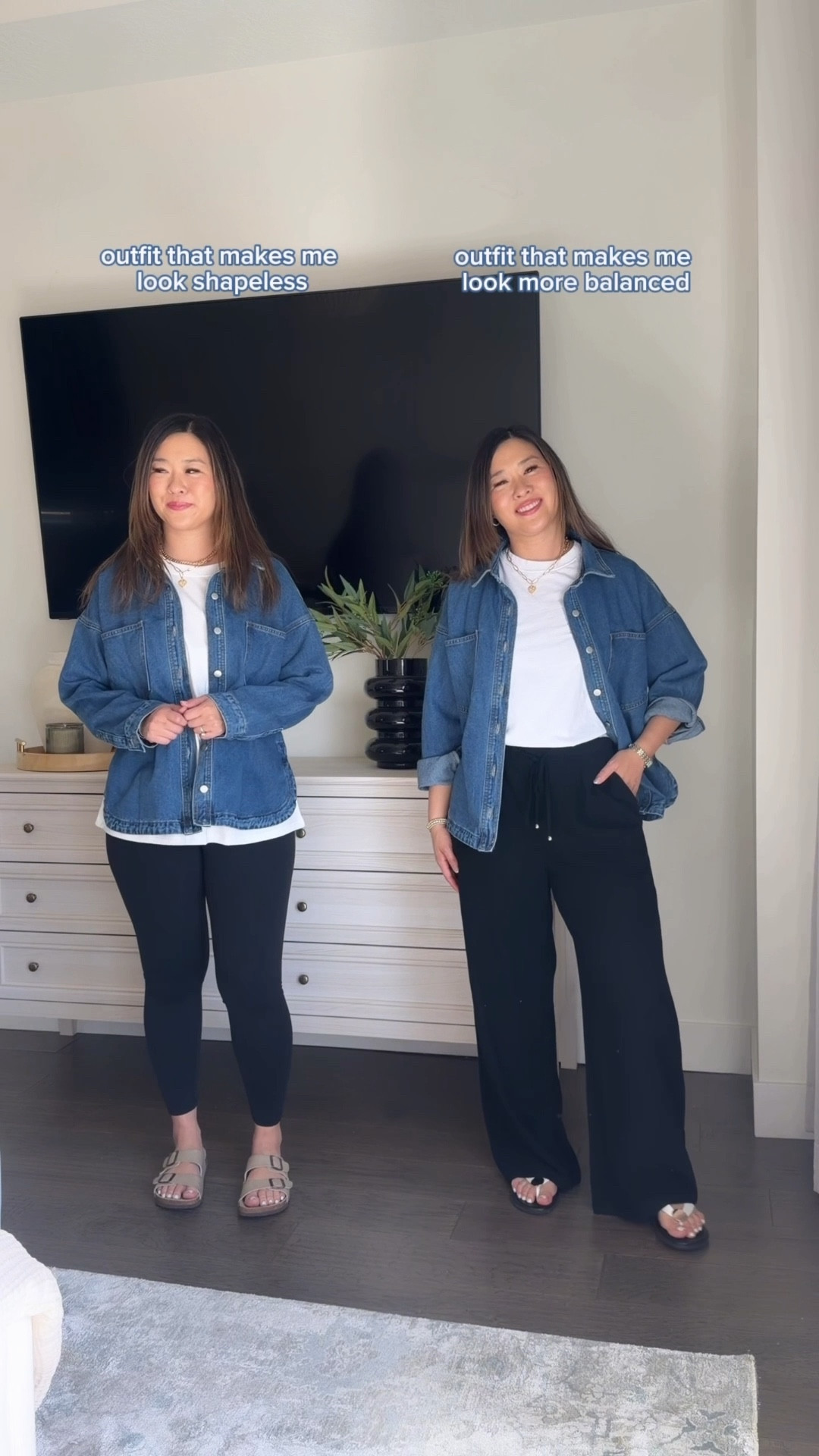 Shop this side by side look!
Amazon outfits
Size Medium in everything

The left side is not a bad outfit, it honestly was a go to outfit for me years ago, oversized tee and leggings and throw on a denim jacket. But for 2026 standards, I feel like it’s more outdated and shapeless. 

While the right side, with a more tucked in tee, flowy pants and a chic sandal swap is more balanced. And I just wanted to show 2 outfit ideas, just because! 🖤

So… the issue we are trying to solve here is proportions! If we follow the rule of thirds, you want the top half to be 1/3 and the bottom to be 2/3 vs. 50/50 split. What do you think? Do you agree??