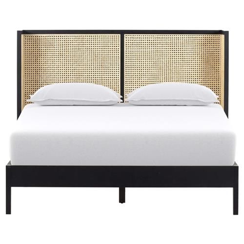 Annette Coastal Beach Black Solid Wood Natural Cane Platform Bed - Queen | Kathy Kuo Home