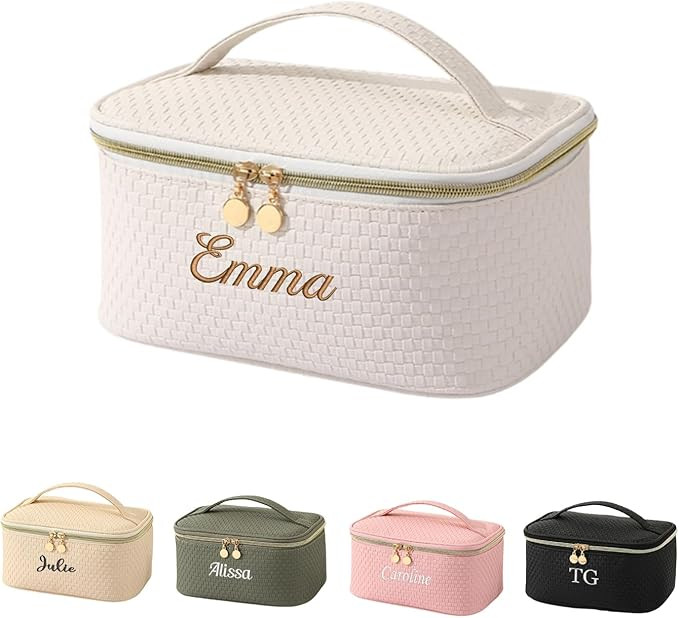 GOPHIE Personalized Embroidery Large Travel Makeup Bag - PU Leather Cosmetic Organizer Case for W... | Amazon (US)