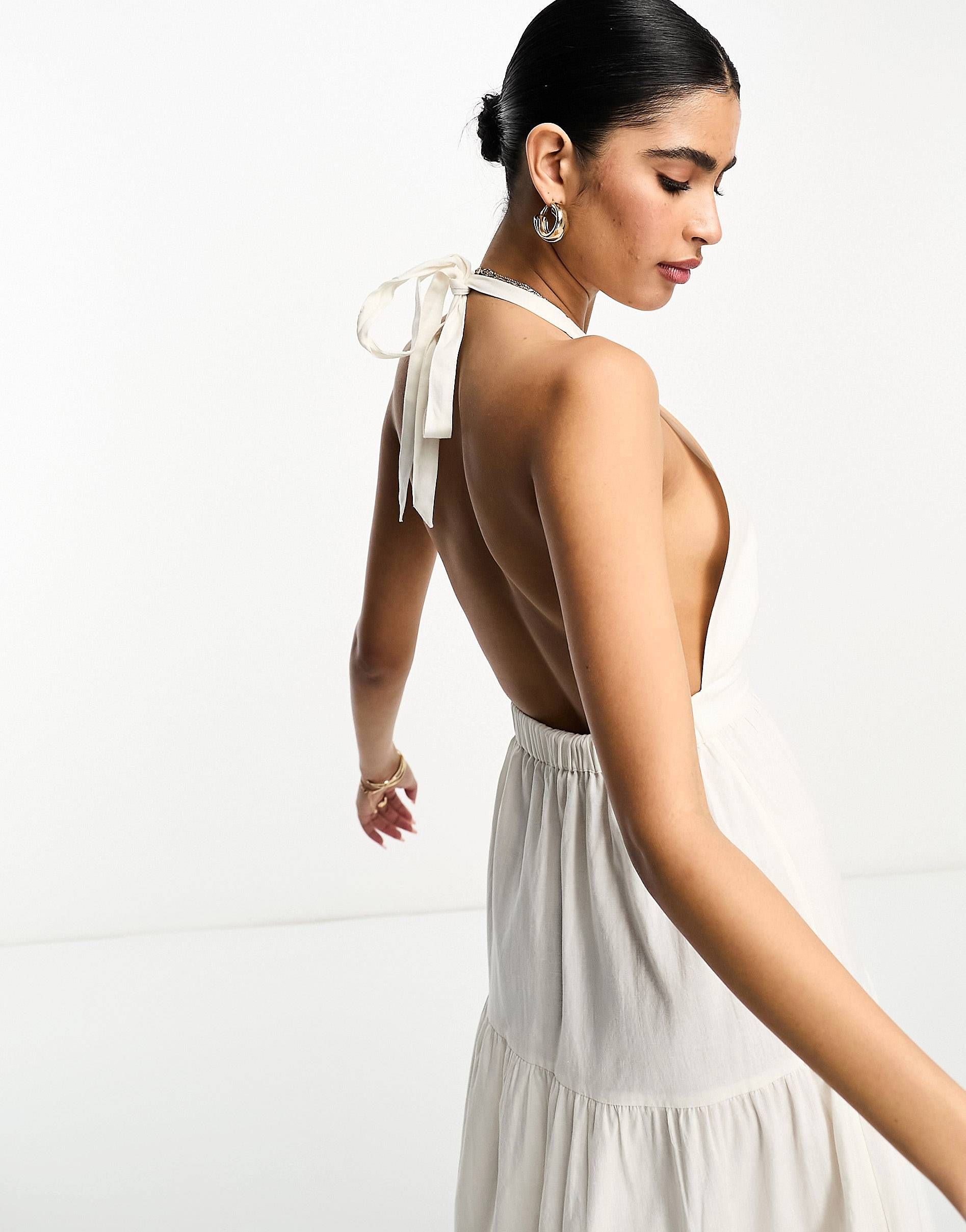 Pretty Lavish halterneck linen blend midaxi dress in white | ASOS (Global)