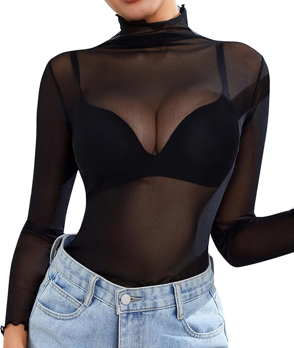 Women Mesh Tops Sheer Long Sleeve Turtle Necks Ruched Sexy Shirt | Amazon (US)