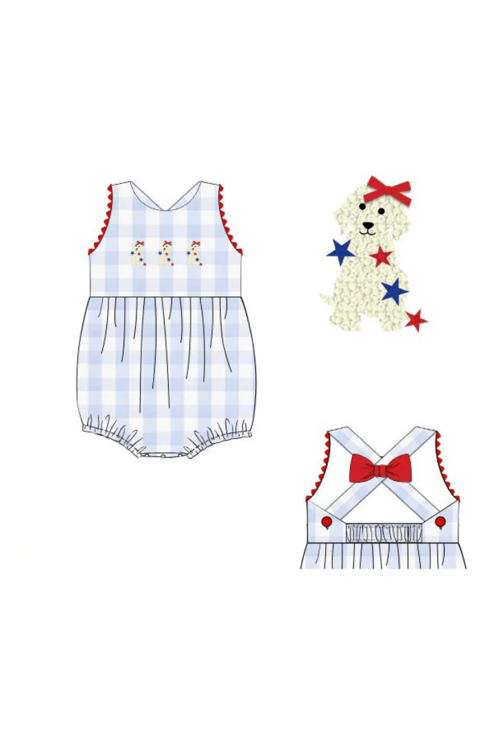 Pre-Order French Knot Patriotic Puppy Blue Buffalo Check Bow Bubble | The Smocked Flamingo