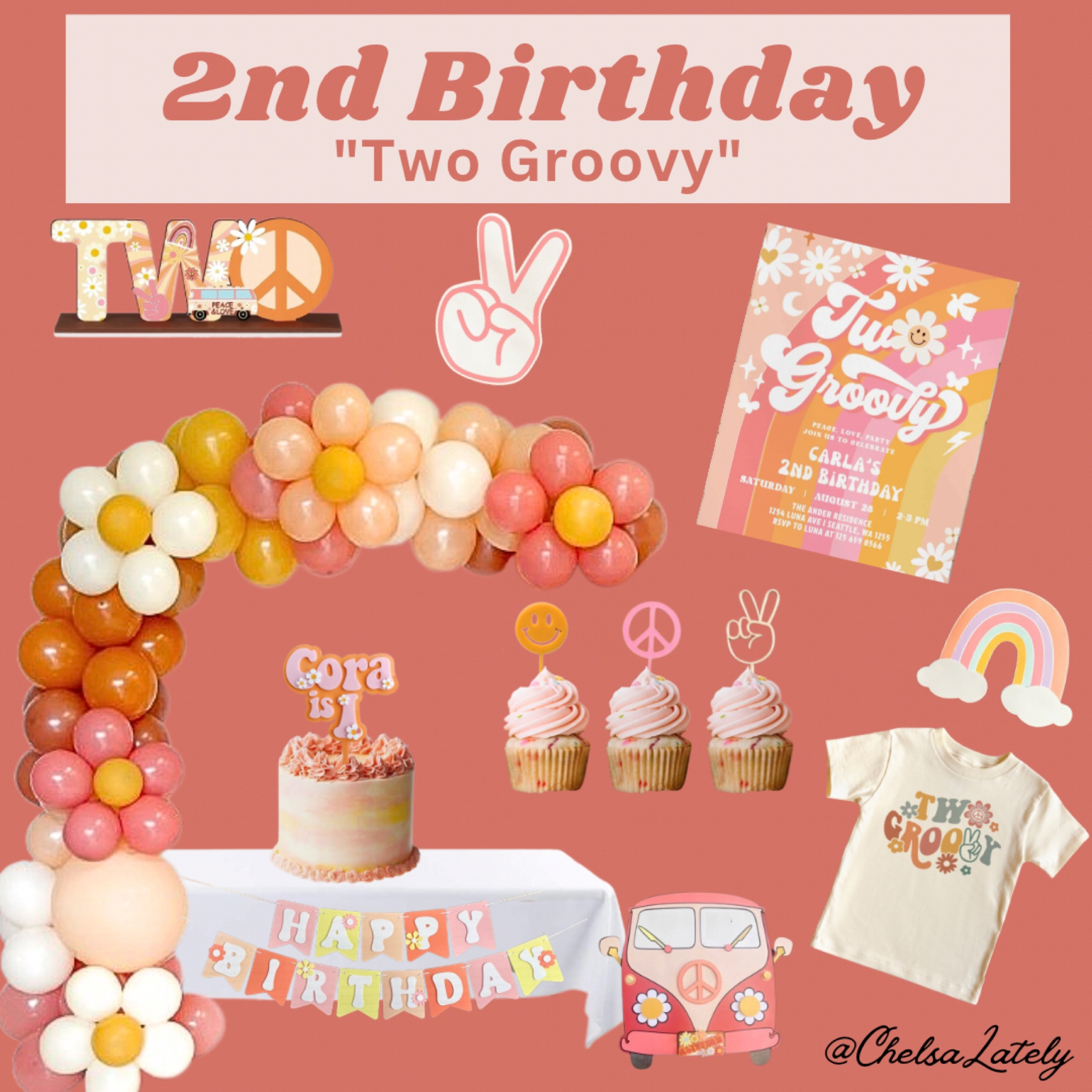 Get ready to groove with our curated moodboard for a Two Groovy 2nd Birthday Party! We've put together a collection of fun and colorful decor ideas, including a stunning orange, pink, and yellow balloon garland with balloon flowers, a custom cake topper, adorable cupcake toppers, a stylish invitation, a cute t-shirt, a happy birthday banner, and more. Whether you're planning a backyard bash or an indoor celebration, this moodboard is sure to inspire you to throw the grooviest party ever!

#LTKkids #LTKfamily #LTKSeasonal