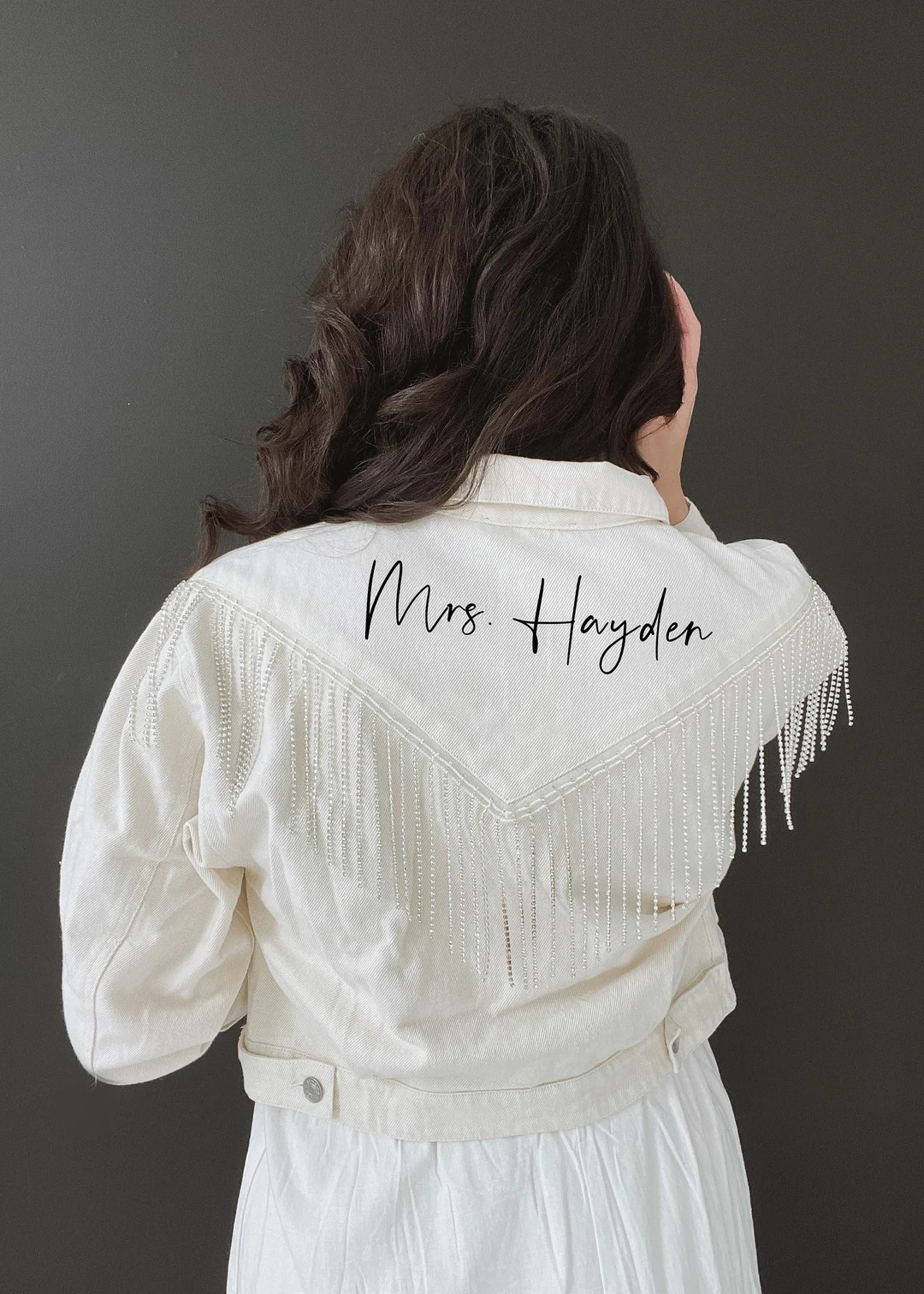 White Rhinestone Fringe Personalized Denim Jacket, Bachelorette Party Jacket, Cropped Denim, Brid... | Etsy (US)
