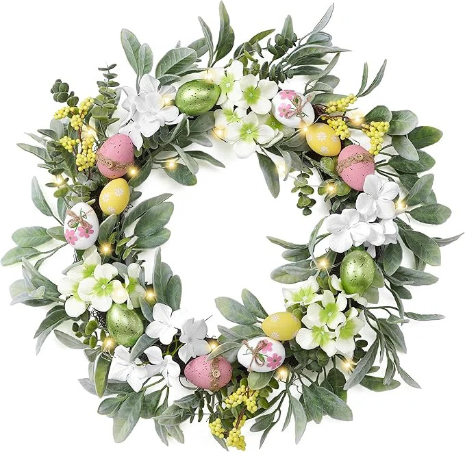 Collapsible Easter Egg Wreaths Decoration for Front Door with Lights, Artificial Spring Floral Wr... | Wayfair North America