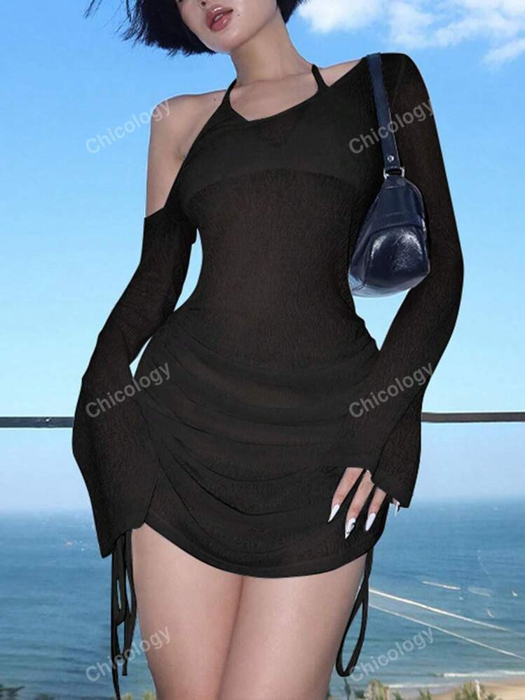 Women Solid Color Asymmetric Neck Long Sleeve Drawstring Dress, Suitable For Summer | SHEIN