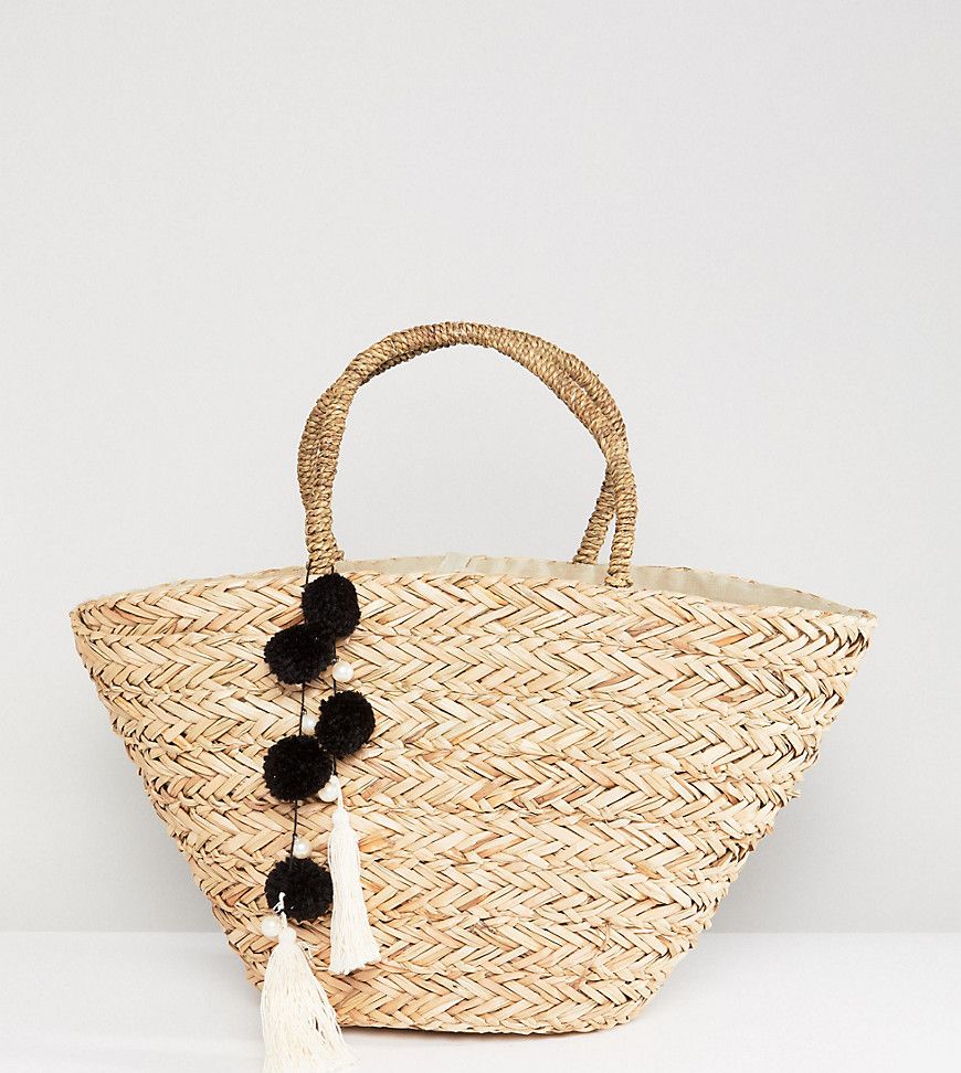 South Beach Straw Beach Bag With Black & White Pom-Beige | ASOS (Global)
