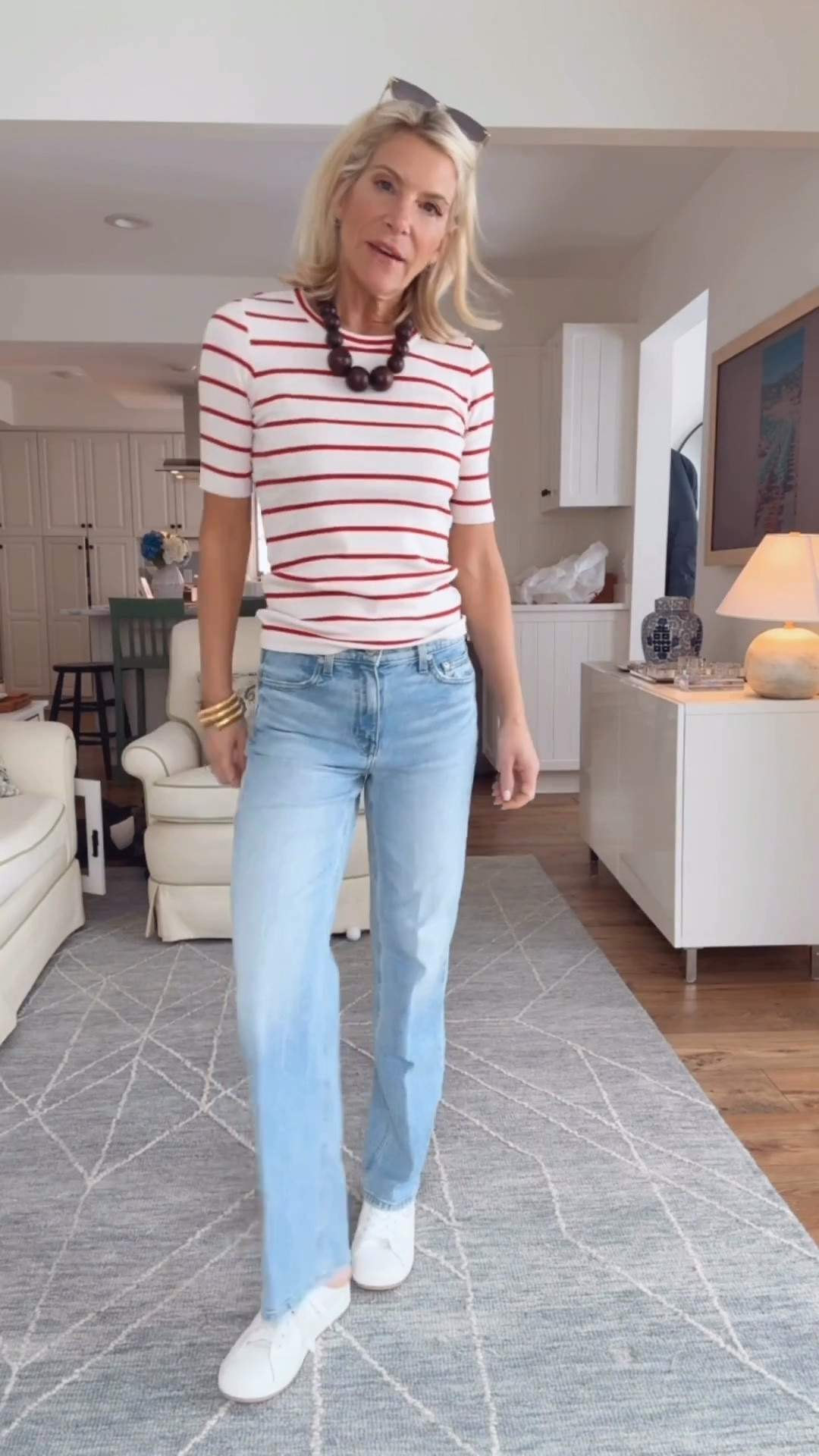 My go-to vacation look ✨
Lightweight stripes + wide leg denim + sneakers I can actually walk in.

#LTKgrwm #LTKTravel #LTKOver40