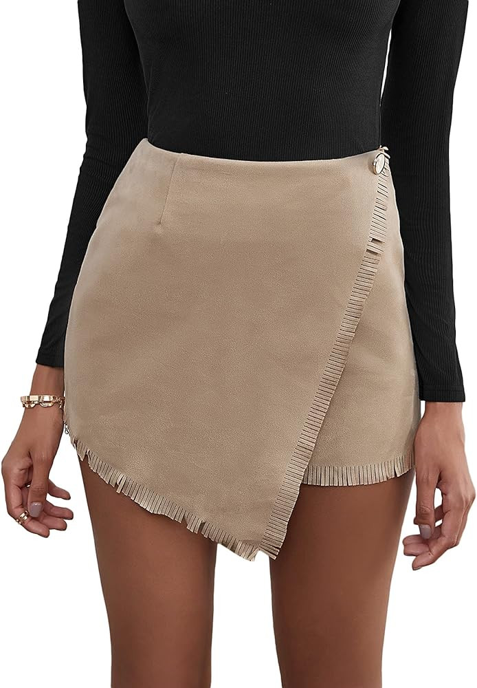 Floerns Women's Fringe Trim Wrap Front High Waist Asymmetrical Hem Mini Skirt | Amazon (US)