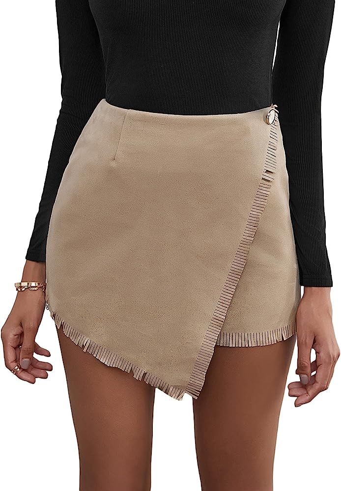 Floerns Women's Fringe Trim Wrap Front High Waist Asymmetrical Hem Mini Skirt | Amazon (US)