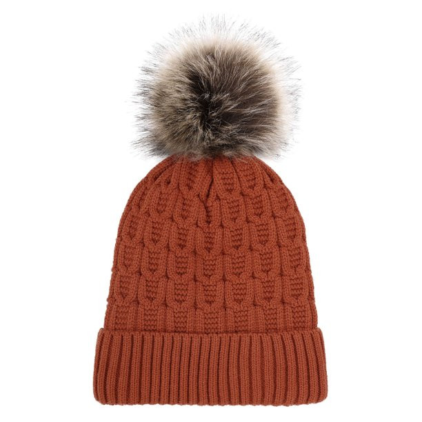 Men & Women's Luxurious Faux Fur Pompom Thick Knit Winter Beanie,Burnt Orange | Walmart (US)