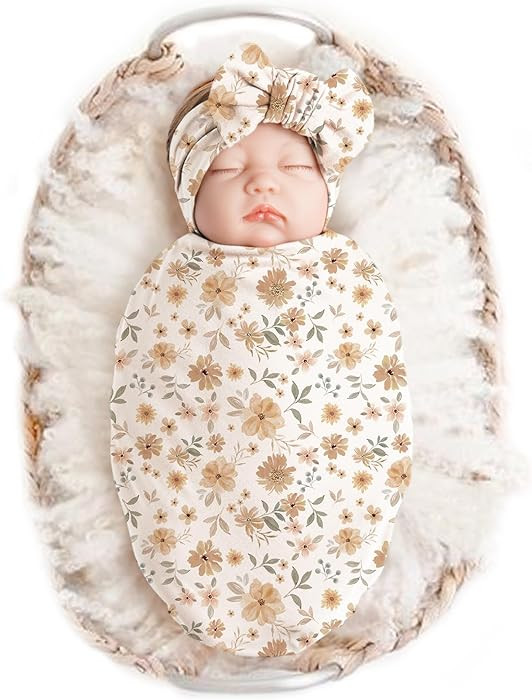 Konssy Baby Girl Newborn Receiving Blanket with Headband Set Baby Swaddle Nursery Swaddle Wrap | Amazon (US)