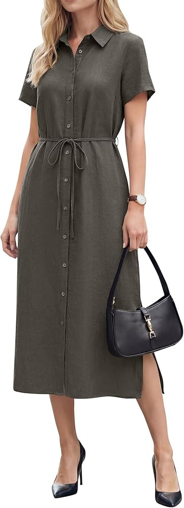 Arach&Cloz Women's Linen with Pockets Midi Summer Spring Shirt Dress 2026 | Amazon (US)