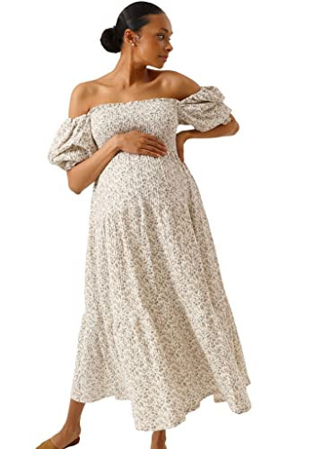 NOTHING FITS BUT Kiko Baby Shower Maternity Gown, Women’s Cotton Modal Classic Linen Smocked Nursing Dress, Short Puffed Sleeves, Off Shoulder, Ruffled Details, X-Small, Ichika | Amazon (US)