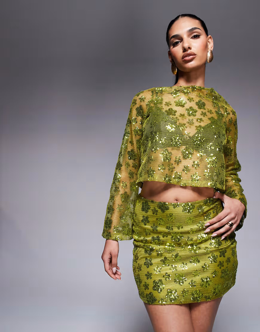 ASOS DESIGN long sleeve crochet floral sequin backless top in olive green - part of a set | ASOS (Global)