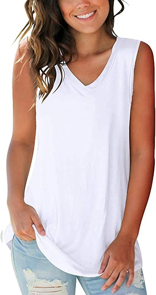 SAMPEEL Tank Tops for Women Summer Trendy V Neck Sleeveless Tee Shirts Women Casual Tee | Amazon (US)