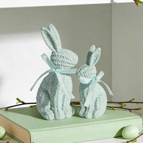 WDS WONDROUS Easter Decorations Bunny Figurines Set, Green Rattan Effect Resin Table Decor Set of 2 (Large & Small), Spring Farmhouse Home Decor Centerpiece Statue, Indoor Easter Bunny Decor & Gift | Amazon (US)