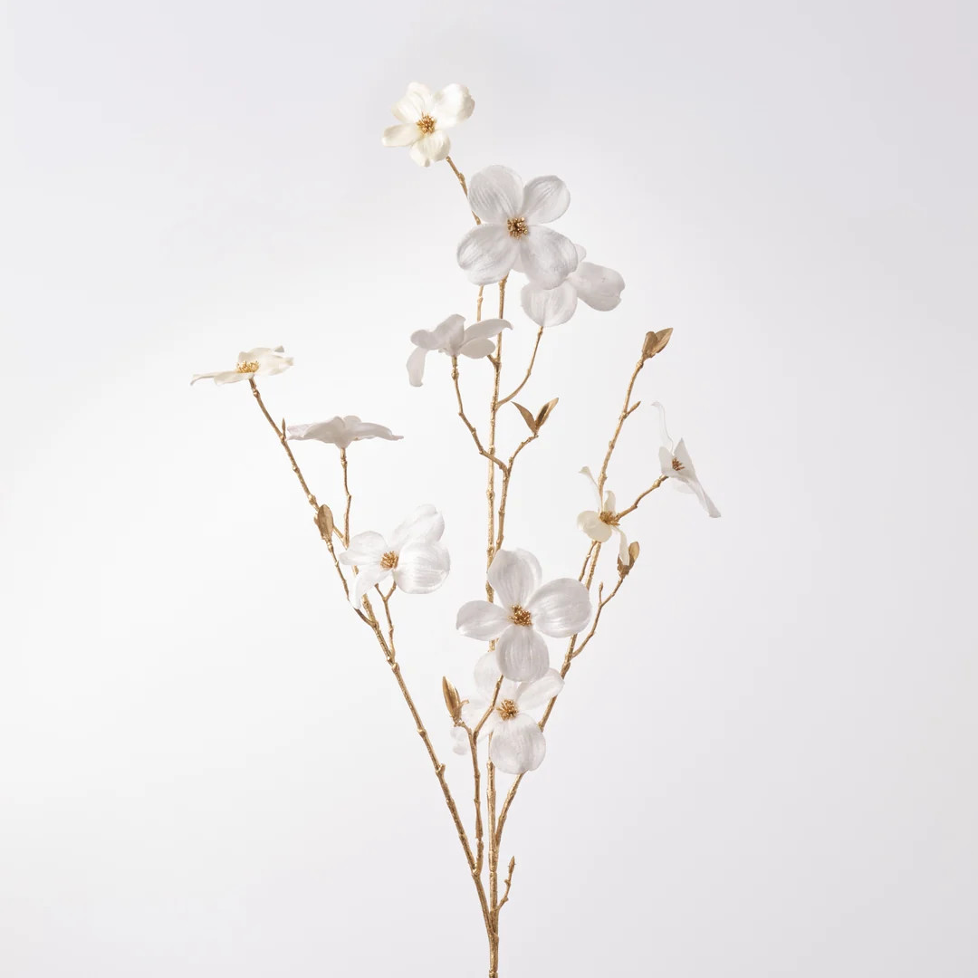 White Velvet Dogwood Blooms on Gold Stem Faux Holiday Christmas Spray - 41" | Darby Creek Trading