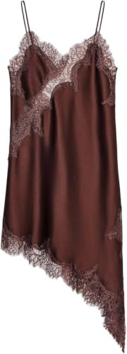 Women's Satin Lace Dress Asymmetric Cocktail Mini Dress Layering Essentials Elegant Dresses Date Night Outfits(Brown,XS) | Amazon (US)