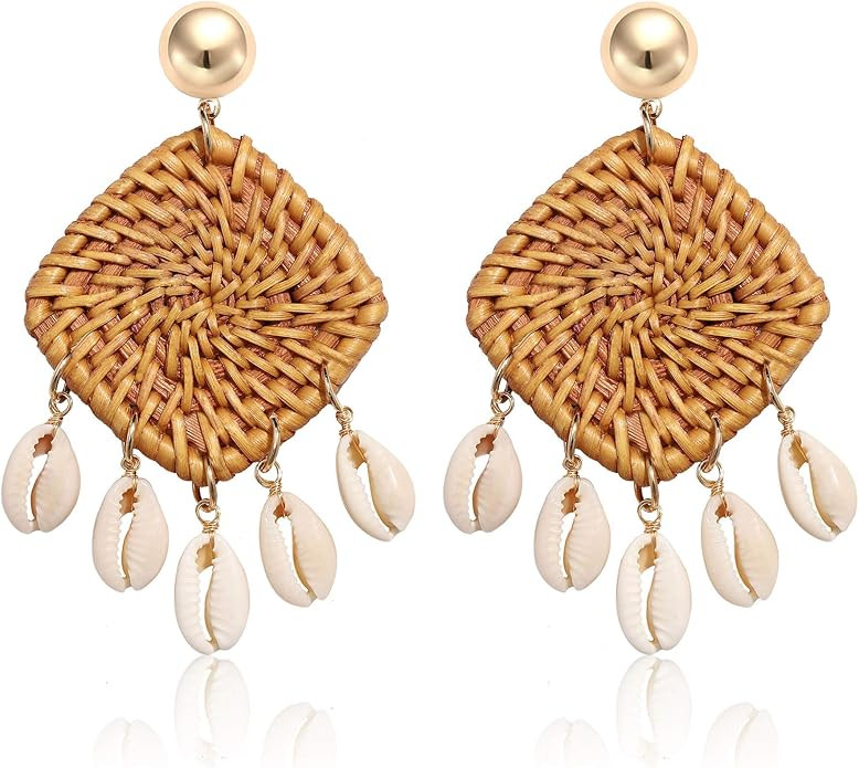 CEALXHENY Shell Rattan Earrings Boho Chandelier Seashell Bead Drop Earrings Handmade Straw Wicker... | Amazon (US)