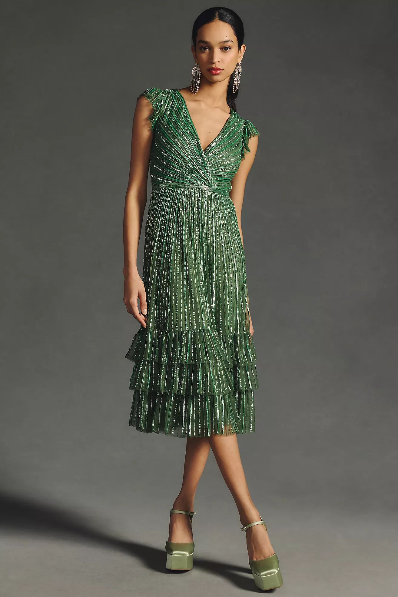 Ieena for Mac Duggal V-Neck Ruffled Cap-Sleeve Dress | Anthropologie (US)