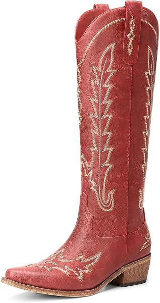 Cowboy Boots for Women - Knee High Pointed Toe Chunky Heel Pull On Zipper Western Cowgirl Boots, ... | Amazon (US)