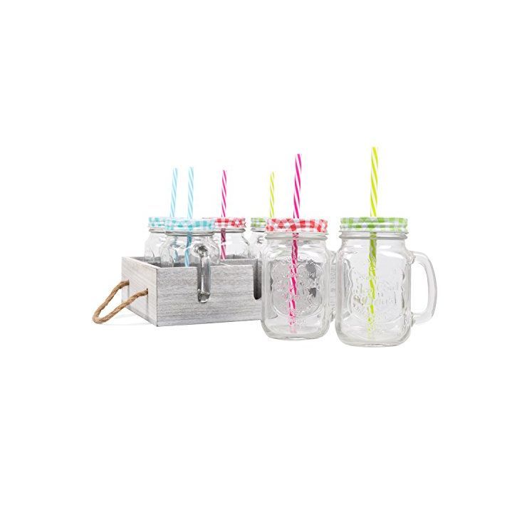 Deco Glass Drinking Mason Jar Cups with Handle & Wooden Carrier with Reusable Straws, Lids & Hand... | Target