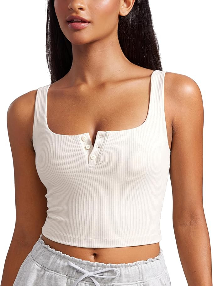 CRZ YOGA Womens Ribbed Henley Longline Sports Bras - Square Back Padded Yoga Workout Crop Tank To... | Amazon (US)