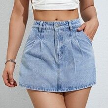 Fold Pleated Detail Denim Skort | SHEIN