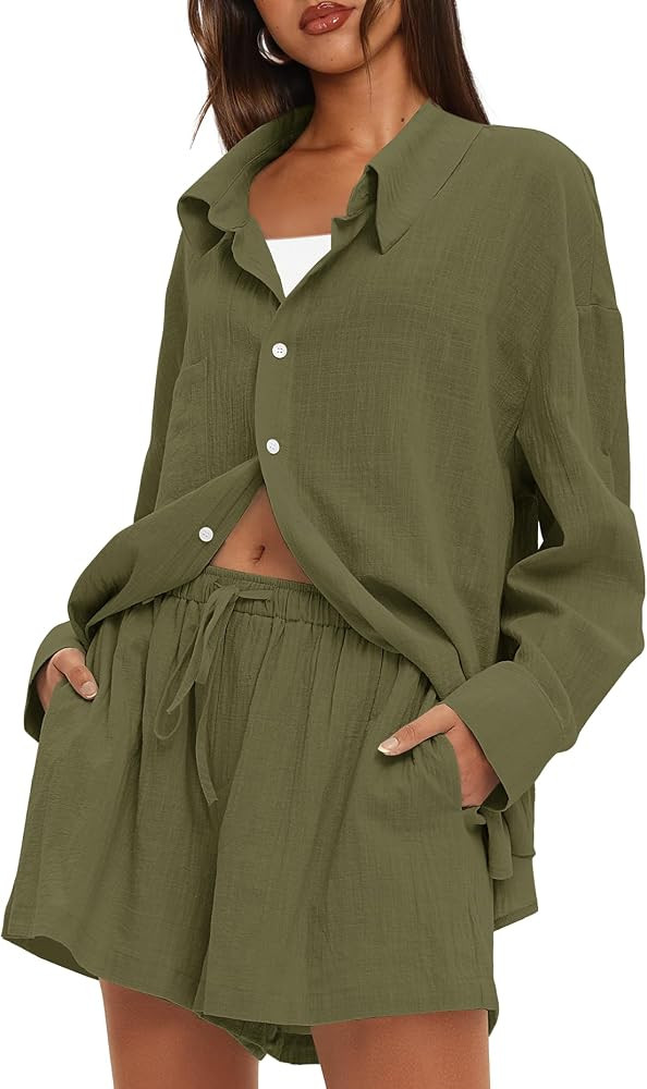 Darong Women's Summer 2 Piece Outfit Sets Long Sleeve Button Down Shirts Matching Short Sets Beac... | Amazon (US)