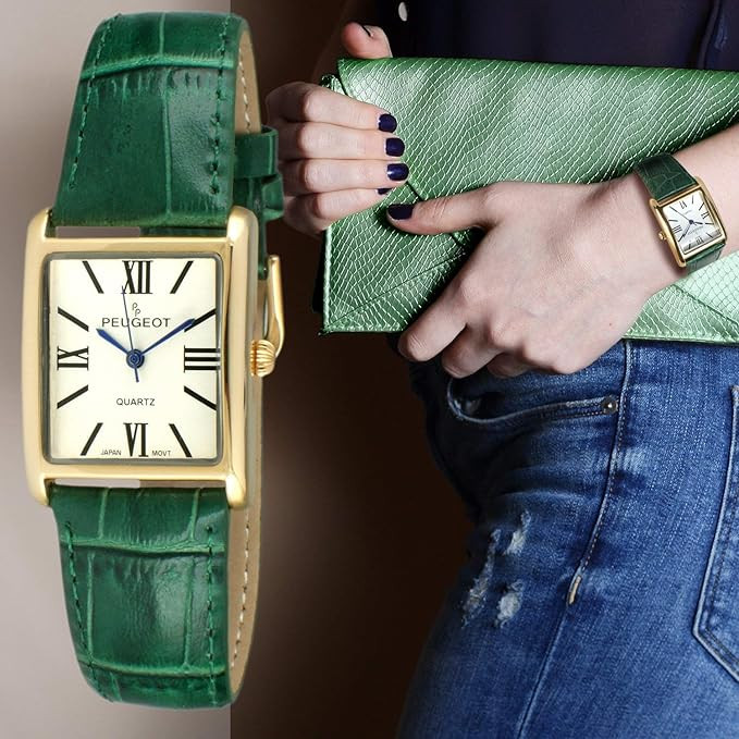 Peugeot Women's 14K Gold Plated Tank Leather Dress Watch with Roman Numerals Dial | Amazon (US)