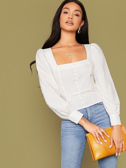 SHEIN Square Neck Buttoned Front Top | SHEIN